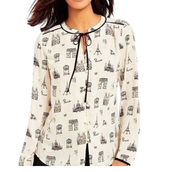 Talbots White and Black Paris Pop Over Top women Size S Button tie Quiet Luxury - Picture 2 of 10